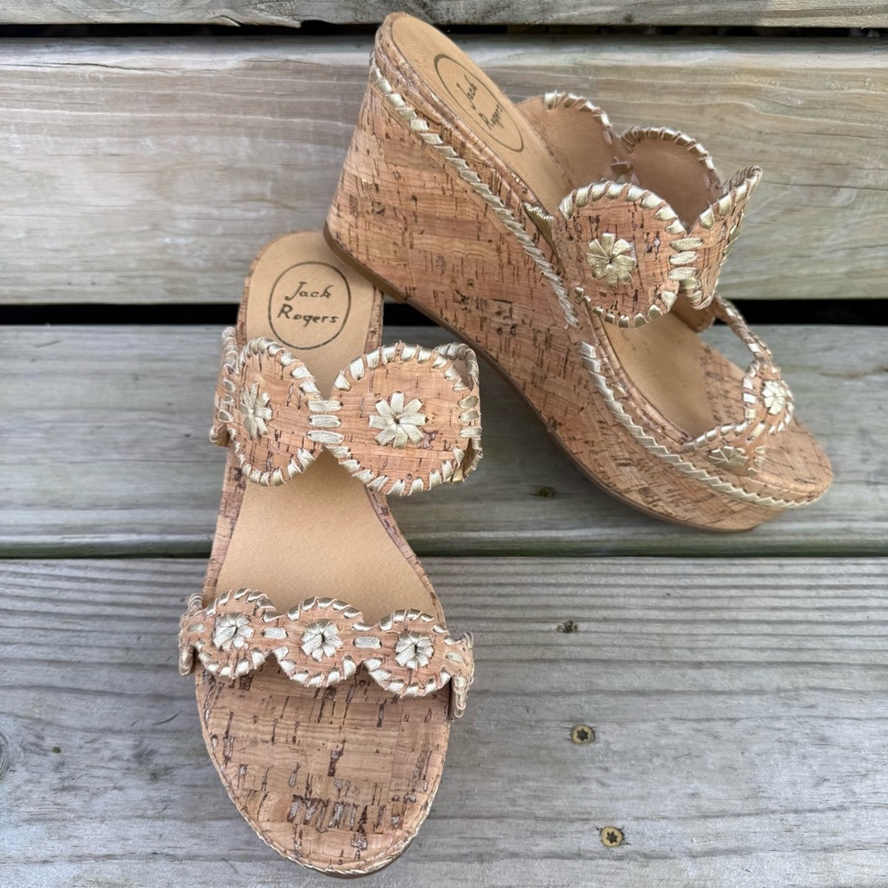 Jack Rogers Platform Cork Wedge Heels Metallic Gold Mules Slides Sandals 10